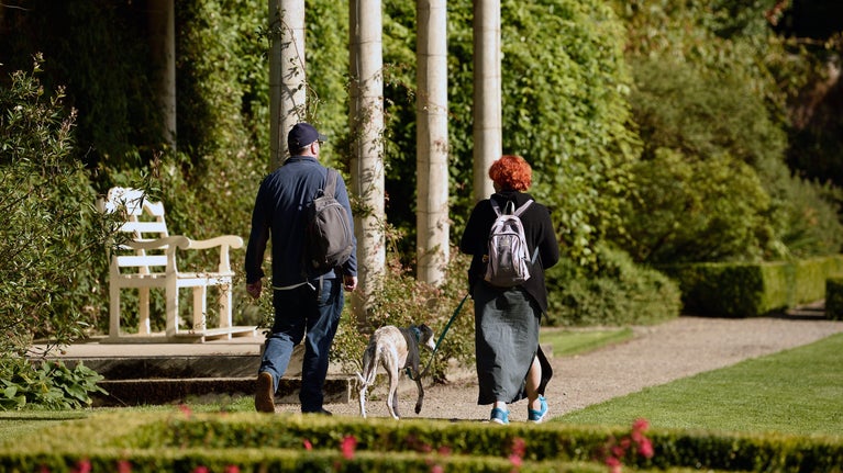 A couple walking their dog along the top terrace of the Walled Garden in Penrhyn Castle, Wales
